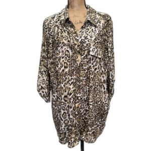 Emily Daniels Metallic Leopard Print Button‎ Up Shirt Tan Gold Plus Size 3X